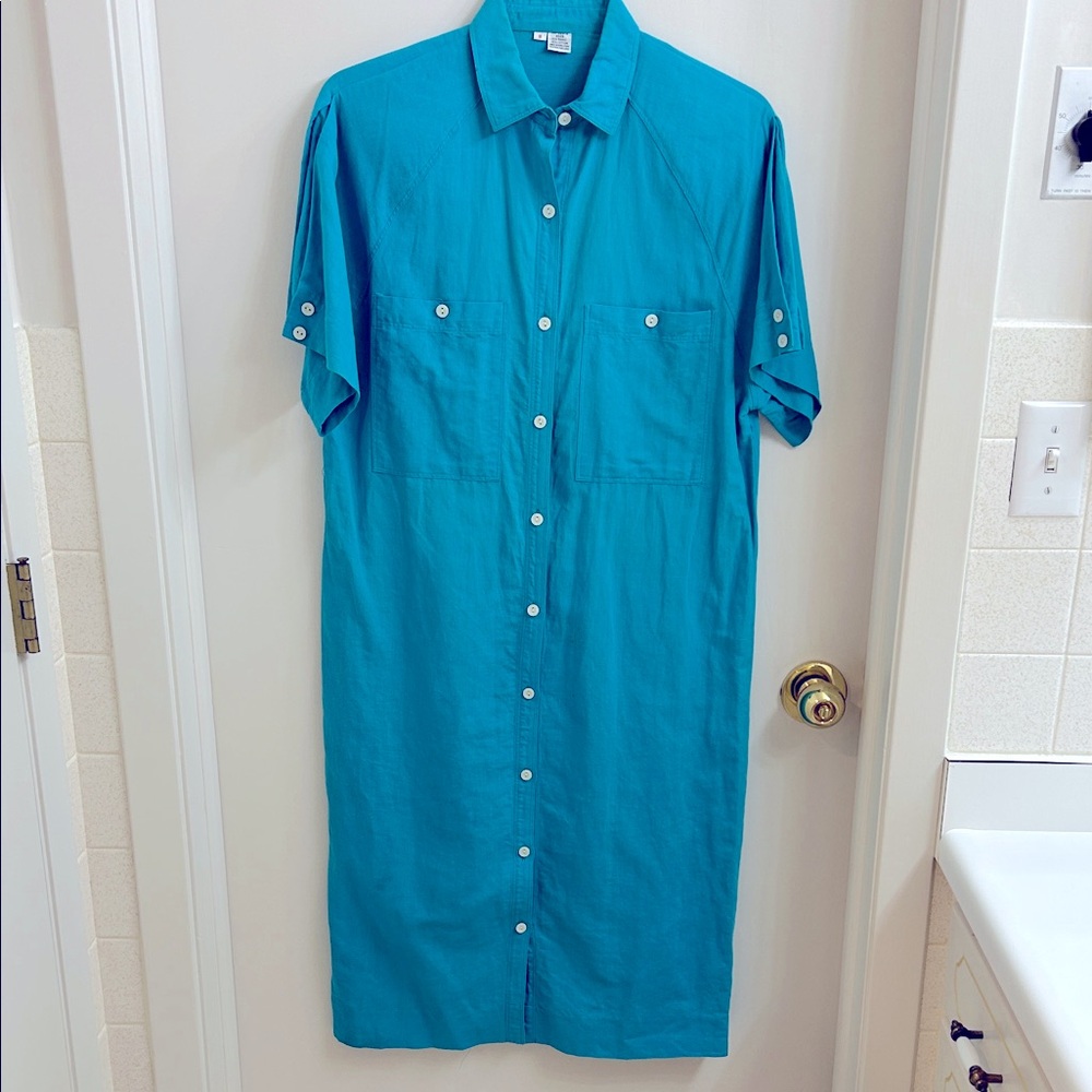 Turquoise/ Teal Blue Midi Shirt Dress, Cotton/Ramie blend, size 8